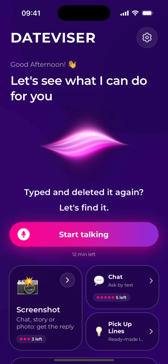 DateViser home screen: a Start talking button that calls your AI dating counselor in one tap, with the Screenshot, Chat and Pick Up Lines tools below
