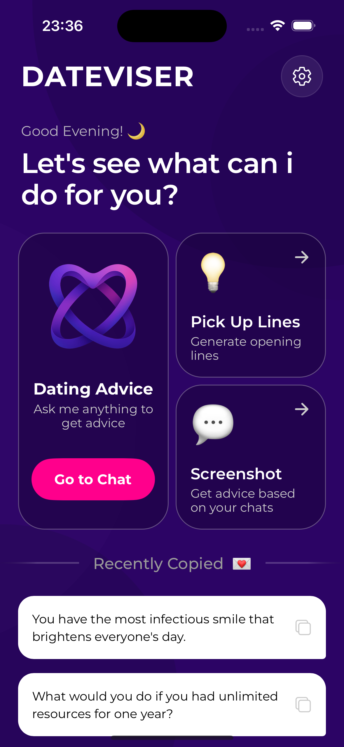 DateViser app screenshot showing conversation adviser feature