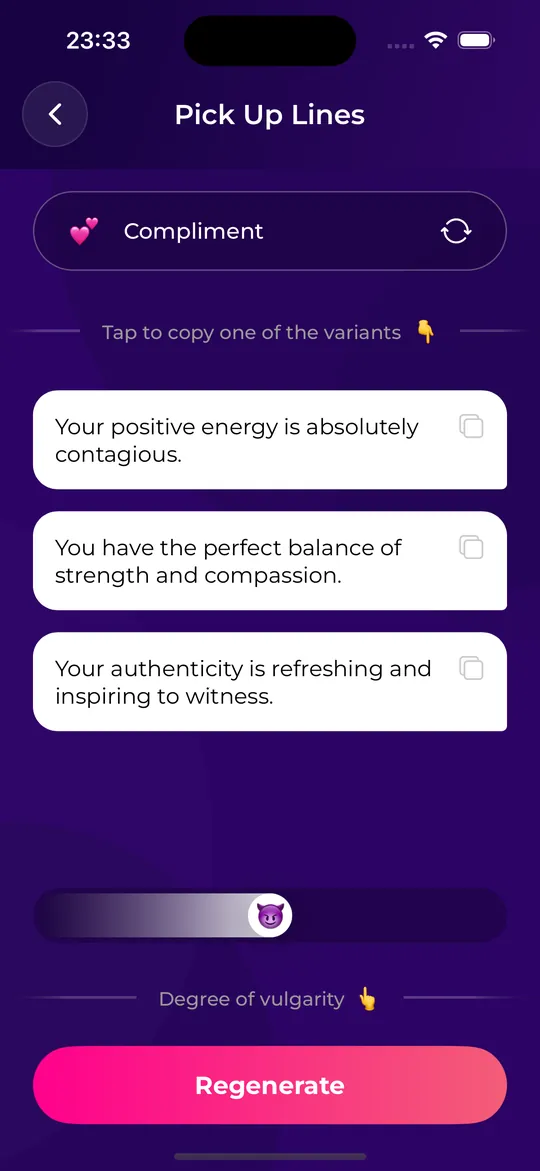 DateViser pickup lines screen showing three compliment lines, a boldness slider and a Regenerate button